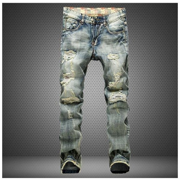 

fashion mens designer jeans men washed broken famous brand denim with printed inside plus size, Blue