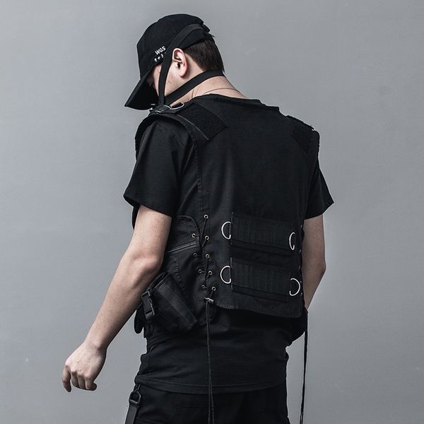 

men streetwear hip hop tactics cargo vest jacket male multi-pocket sleeveless coat waistcoat, Black;white