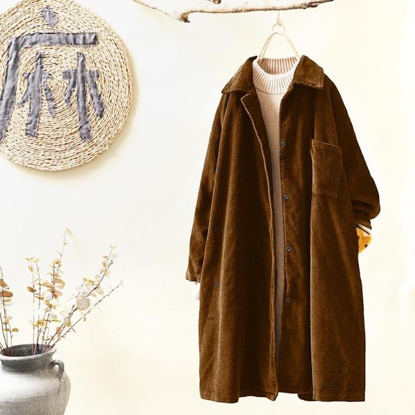 

women vintage pockets corduroy trench solid button sleeve loose pocket casual solid coat plus size 5xl clothes black