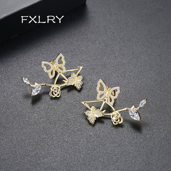 

fxlry new romantic white /gold color cubic zirconia fashion butterfly stud earrings for women jewelry, Golden;silver