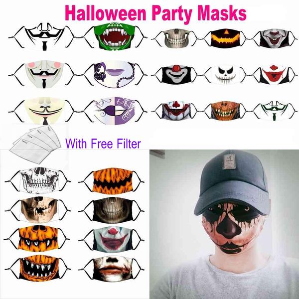 

50pcs adults horror ghost anime party halloween face masks 3d printed cotton washable reusable mouth cover with 1 filter fy9182