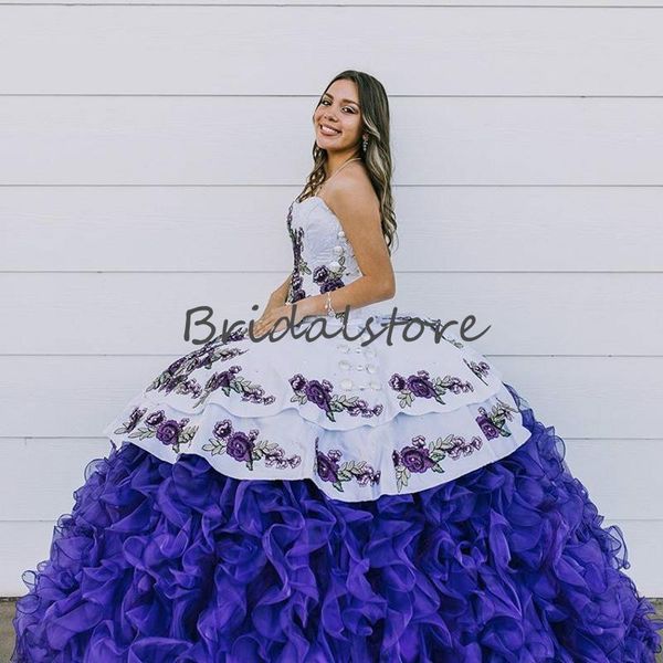 

mexican style quinceanera dresses purple embroidered organza ruffles appliques sweetheart ball gown masquerade prom dress 2020 sweet 16 gown, Blue;red