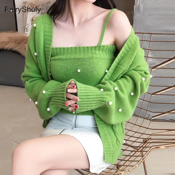 

fairyshely cashmere cardigan vest sweater set women 2020 casual off shoulder knitted vest crop cardigan two piece set pull, Black;white