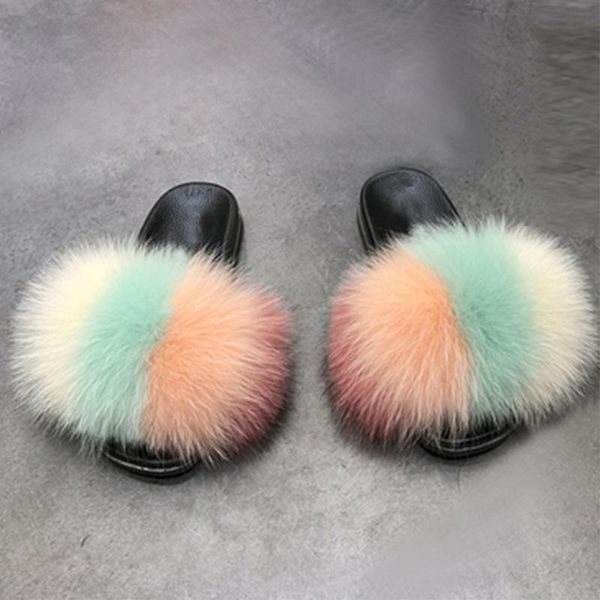 

real fluffy raccoon fur slippers women's fur indoor slides real flip flops home fuzzy woman casual plush shoes, Black