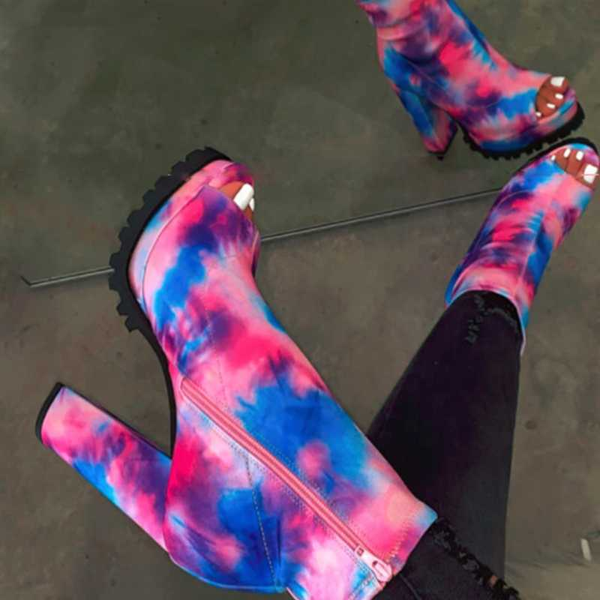 

high chunky heels women sandals snake print high heel summer booties ladies pumps peep toe side zip tie-dye ankle boots, Black