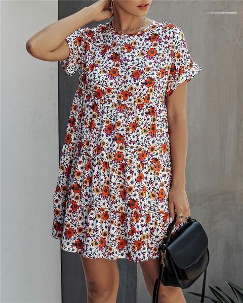 

short sleeves casual dress famale crew neck apparel womens daisy print high waist dress summer loose, Black;gray