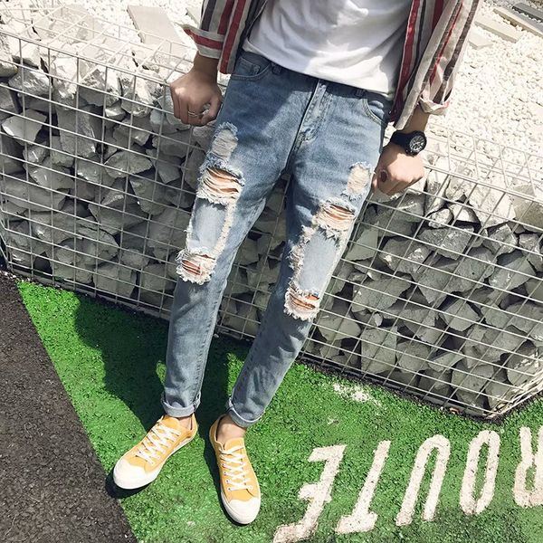 

hole jeans male han edition cultivate one's morality nine points, Blue