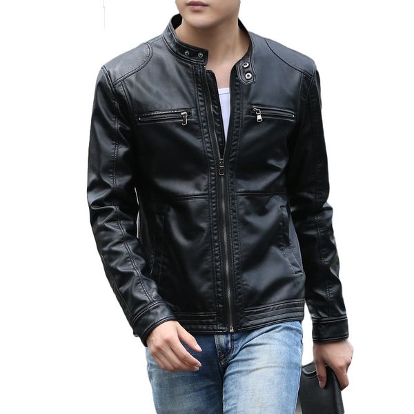 

envmenst 5xl men's leather jackets men stand collar coats male motorcycle leather jacket casual slim brand clothing, Black