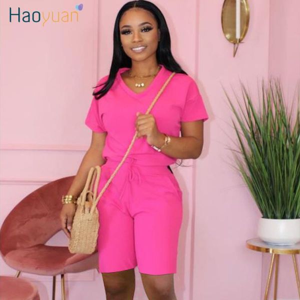 

haoyuan two piece set short sleeve and biker shorts sweat suits 2 piece outfits matching sets 2020 summer clothes for women, White