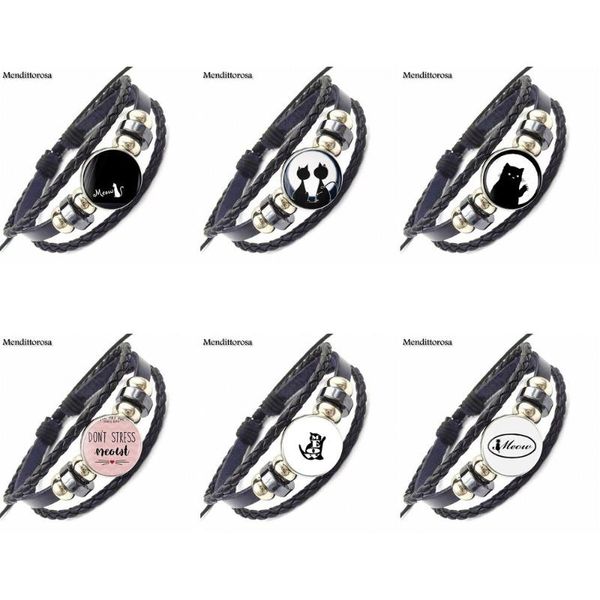 

ej glaze for women party meow cat silhouette glass cabochon round black leather bracelet bangle jewelry gifts, Golden;silver