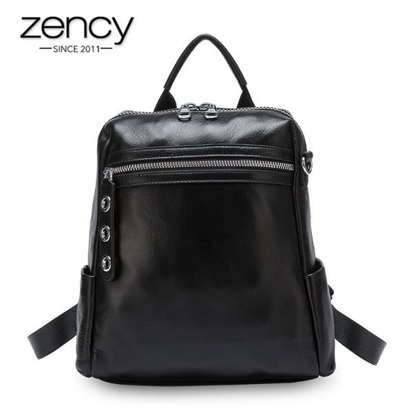

zency simple style women backpack 100% genuine leather classic black student schoolbag daily casual travel bag beach knapsack
