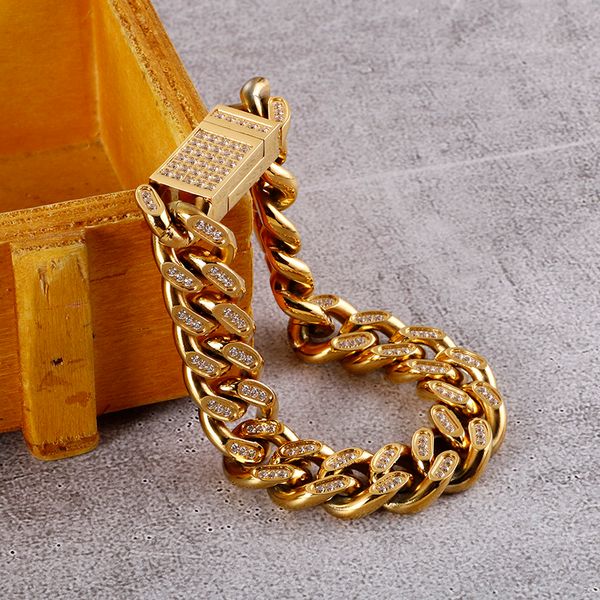 

valentine gift 14mm 8 inch crystals cz stainless steel cuban curb link chain bracelet mens bangle, Black