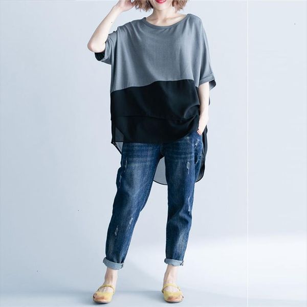 

women t shirt summer plus size chiffon patchwork elegant oversized irregular basic female casual loose tees shirt, White