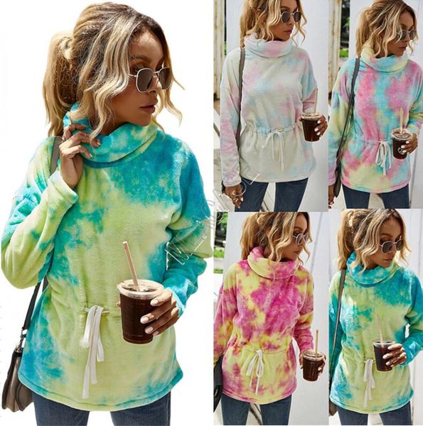 

sherpa fleece hoodies for women tunic sweatershirt color tie-dye plush thicken warm furry pullovers turtleneck sweater gradient d82609, White