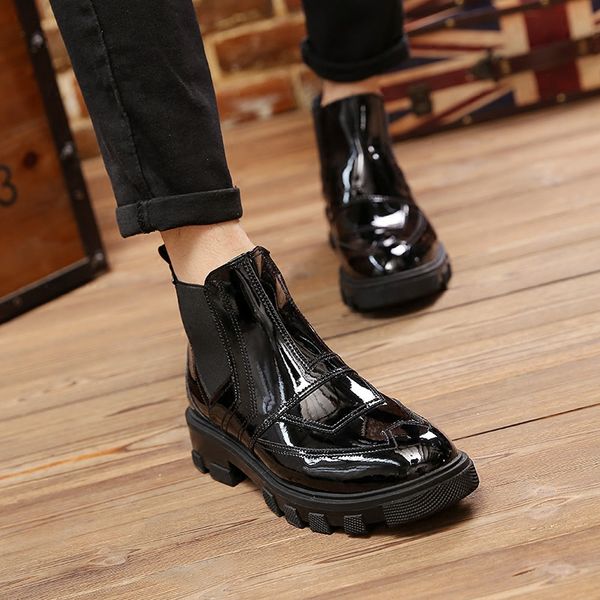 

spring autumn mens black patent leather ankle boots pull on shoes med heel fashion fashion male shoes k10