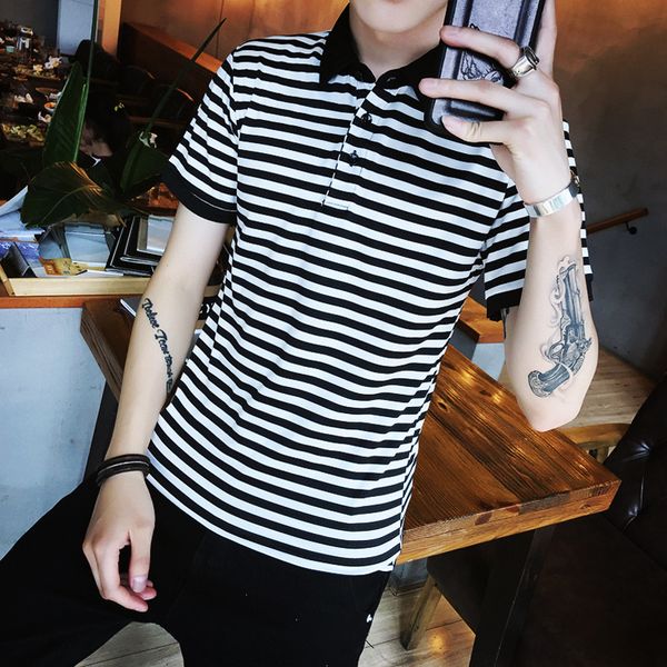 

summer short-sleeved men's striped skinny lapel business casual half-sleeved trendy clothes kg-169, White;black