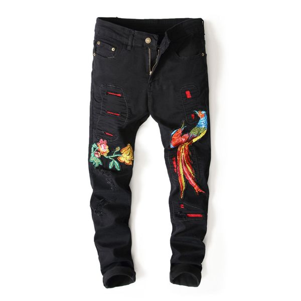 

new young man european american style phoenix embroidery fashion denim pants slim jeans pants black jeans men, Blue