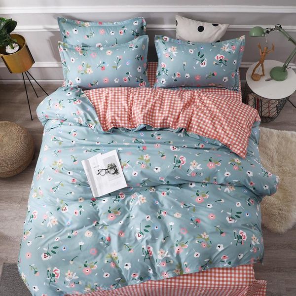 

flower pink grid print bed cover set kid girl duvet cover child bed sheets and pillowcases comforter bedding set j065