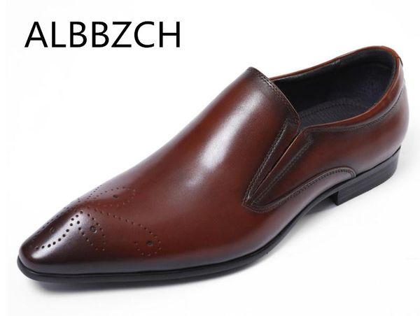 

dress shoes men's pointed toe genuine leather trend carving slip on men work classic brown business casual man, Black
