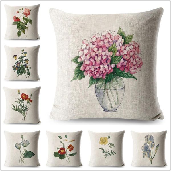 

watercolor floral pillow case plant linen 45*45cm square flowers cushion cover for sofa home decorative printed throw pillowcase