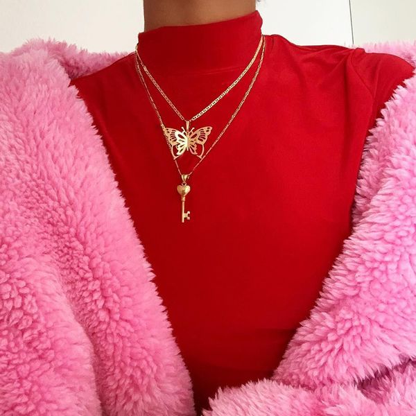 

kpop pretty butterfly bohemian key pendant necklace for women elegance gold heart chain chocker party jewelry collar, Silver