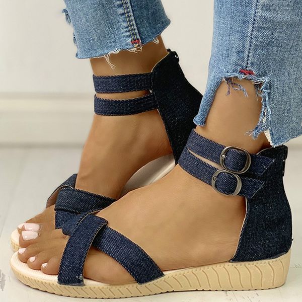 

summer sandals women flat strap crisscross double buckled flat sandals peep-toe soft leisure sandalias roman woman casual shoes, Black
