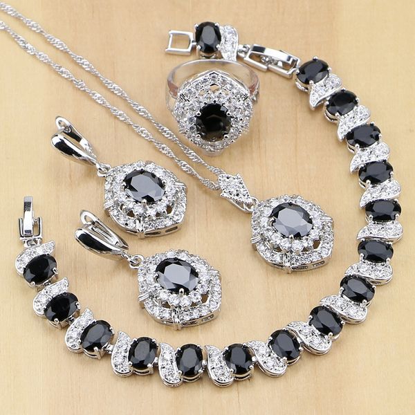 

oval 925 silver jewelry black cz white cubic zirconia jewelry sets for women party earrings/pendant/necklace/rings/bracelet, Golden