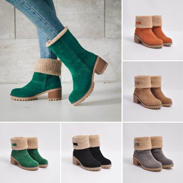 

boots women snow flat lace up winter plus size platform ladies warm shoes 2021 flock fur women's suede ankle female, Black