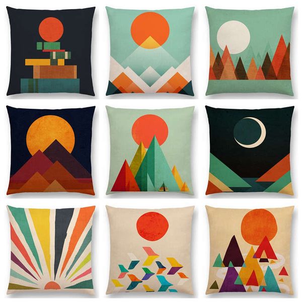 

great sun moon colorful mountain gold peaks rivers geometric abstract pattern colorful retro cushion cover sofa pillow case