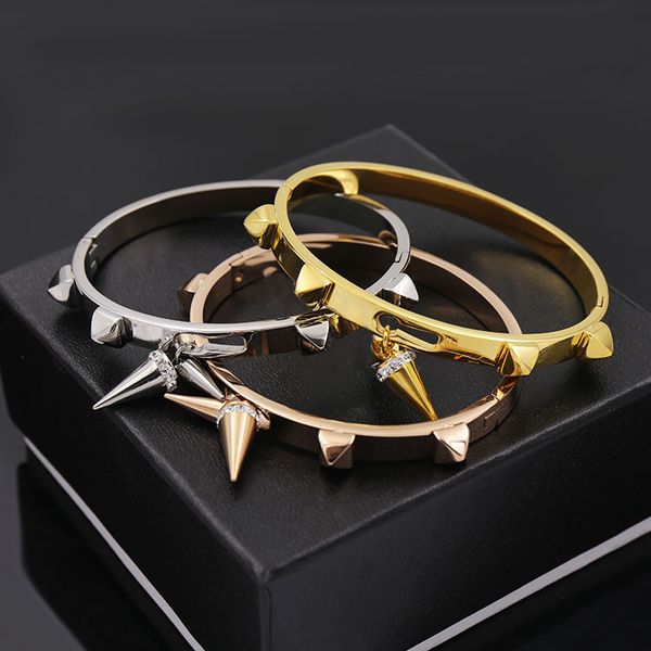 

bangle gold color crystal awl rivet bracelets for women jewelry, punk stainless steel & bangles pulseras mujer bileklik joias, Black