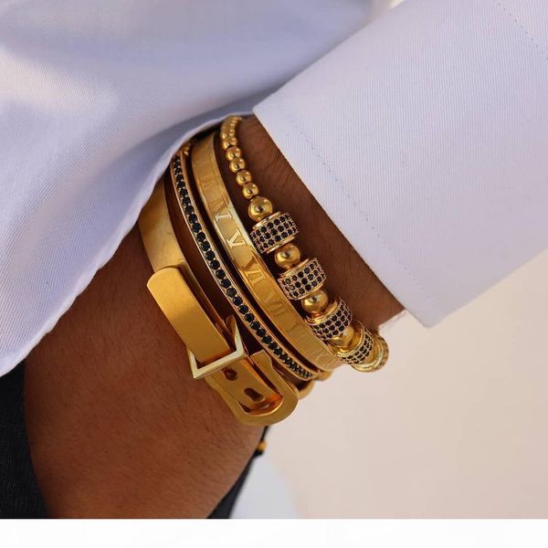 

4pcs set men titanium steel roman numeral bracelet horseshoe buckle bangles pulseira bileklik luxury handmade jewelry, Golden;silver