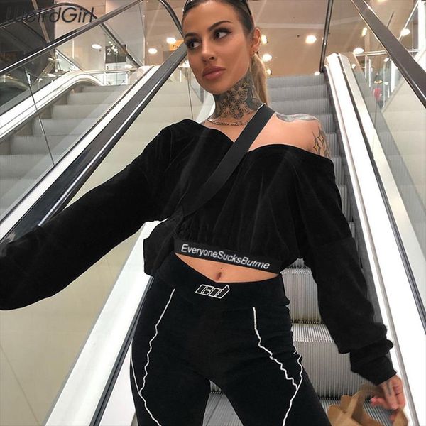 

weirdgirl women v neck letter print hoodies fashion female casual crop solid sweatshirts full sleeves autumn new 2020, Black
