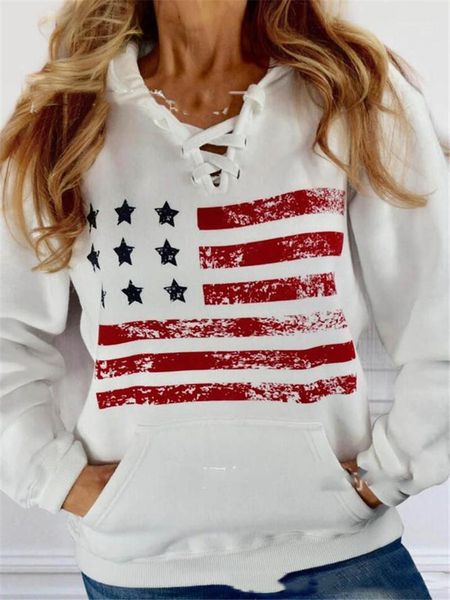 

ladies designer hoodie american flag printed drawstring v neck sweatshirts casual women clothing dropshipping autumn winter, Black