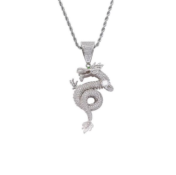 

hip hop chinese zodiac dragon pendant necklaces for men women luxury necklace jewelry gold plated copper zircons twist chain, Silver