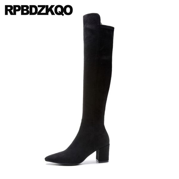 

thick black tall pointed toe autumn designer shoes women luxury 2020 ladies long chunky boots winter knee high suede heel fur