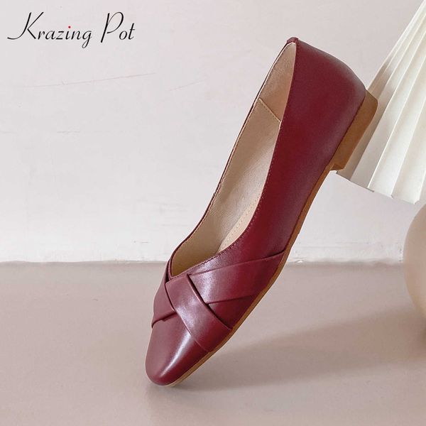 

krazing pot genuine leather european chic design square toe women flats spring autumn slip on princess dance driving shoes l12, Black