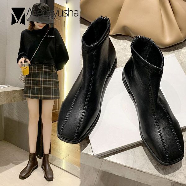 

2020 vintage square toe short botines femme zipper sewing pu motorcycle botas solid fashion chunky low heels riding boots women, Black