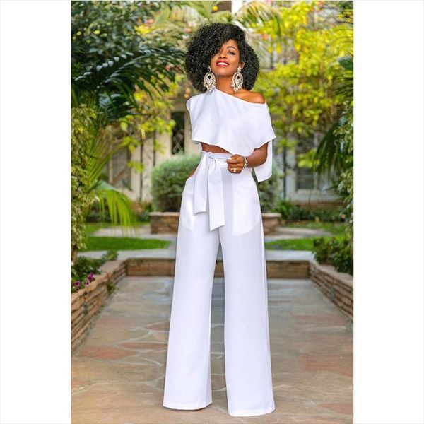 

womens 2 pieces set off shoulder crop high waisted long wide leg pant jumpsuit romper, Gray