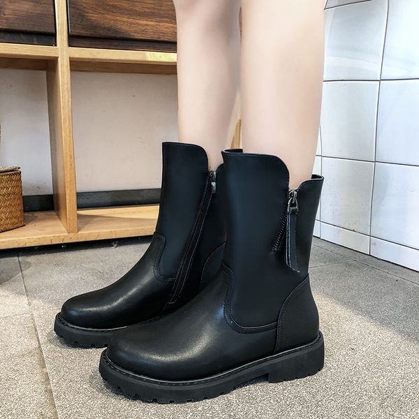 

zipper fashion flat shoes woman high heel platform pu leather boots lace up women shoes ankle boots girls 35-40 plus size plush, Black
