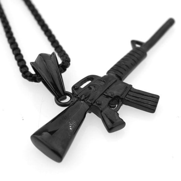

men's black titanium steel stainless steel army gun pendant necklace, Silver