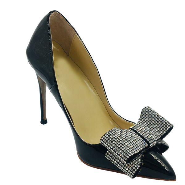 

knockout2020 toe size 43-45 crystal bow-tie shallow pointy stilettos high heels elegant women pumps dress party shoes, Black