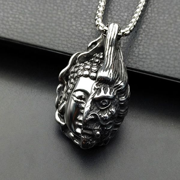 

buddha necklace mens stainless steel big pendant necklace half devil buddha hip hop punk jewelry on the neck wholesale, Silver