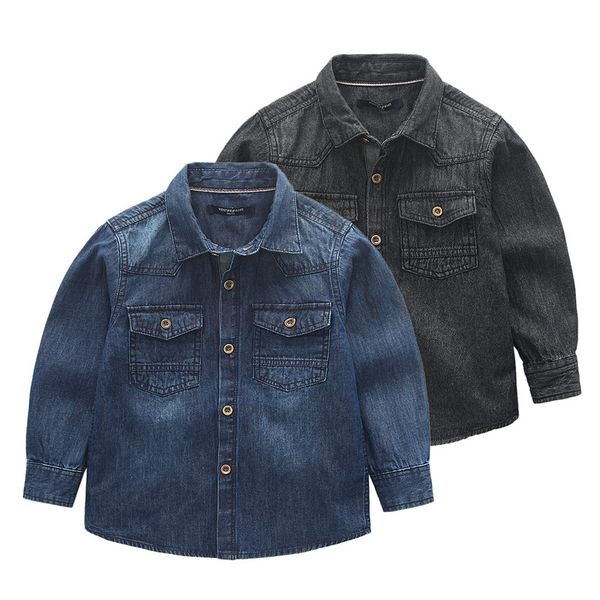 

children denim shirts classic solid color long-sleeve turn-down collar boys shirts for 3-10 years old kids wear, White;black