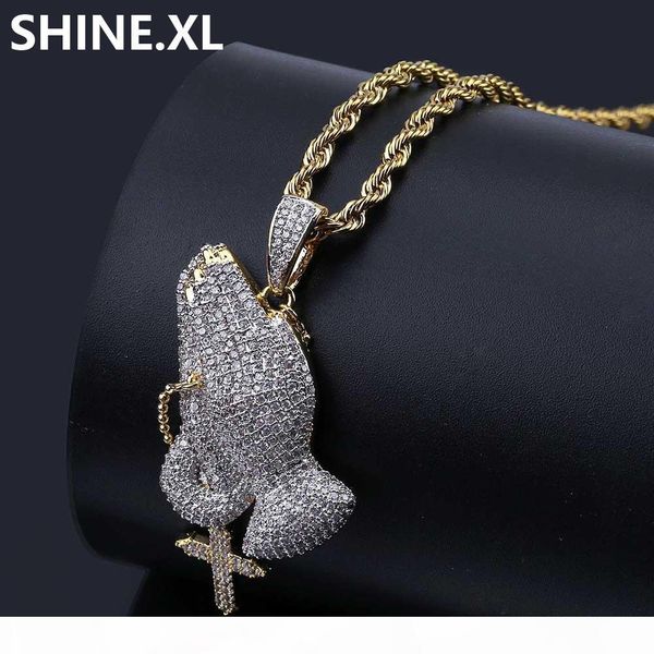

hip hop retro cross praying hand pendant necklace iced out cubic zircon gold chain for men gift idear, Silver