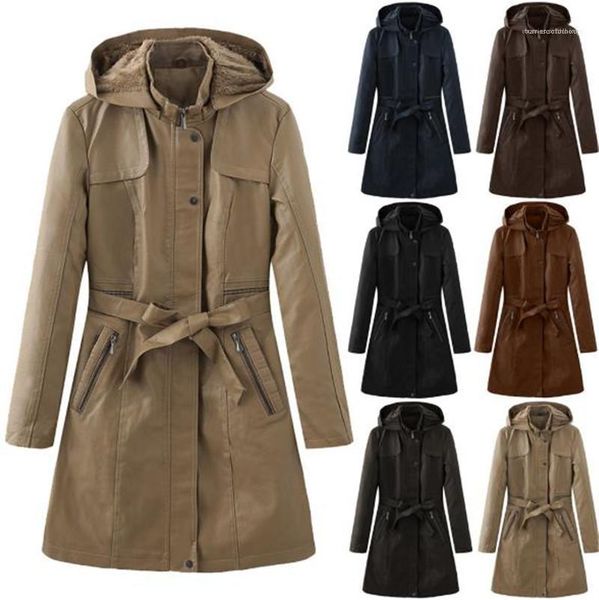 

women outerwear coats faux leather women long coats solid color mid long length fleece coats hooded windbreaker 20fw, Black