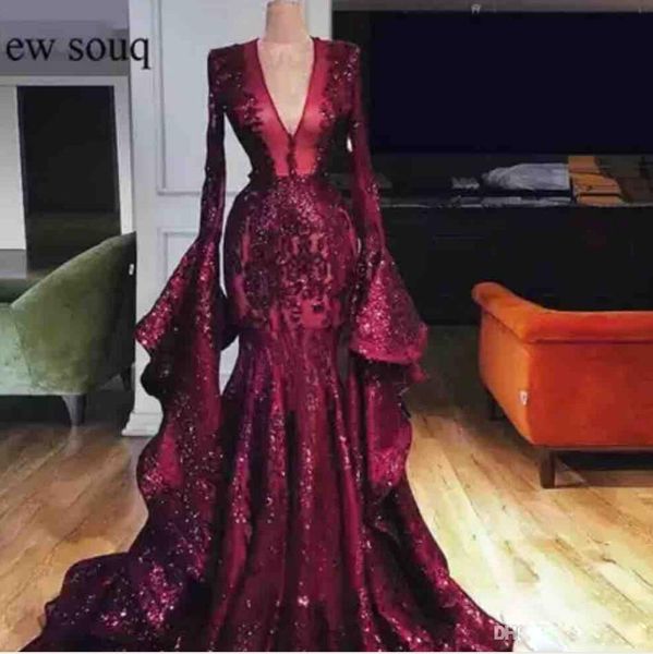 

2020 burgundy sequin long sleeve prom dresses deep v neck mermaid plus size evening gowns poet see through pageant dresses, Black;red