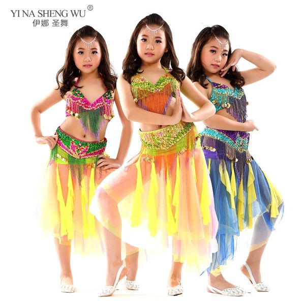 

3pcs bellydancing performance clothes for kids oriental dance costumes skirt bra belt suit kid belly dance costume set 3 pieces, Black;red