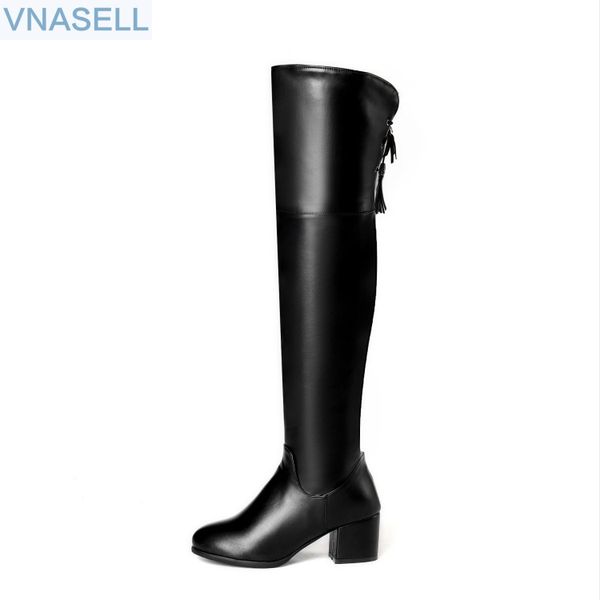 

knee high boots female autumn winter new style soft leather thick wool thin leg high tube thick heel long tube boots, Black