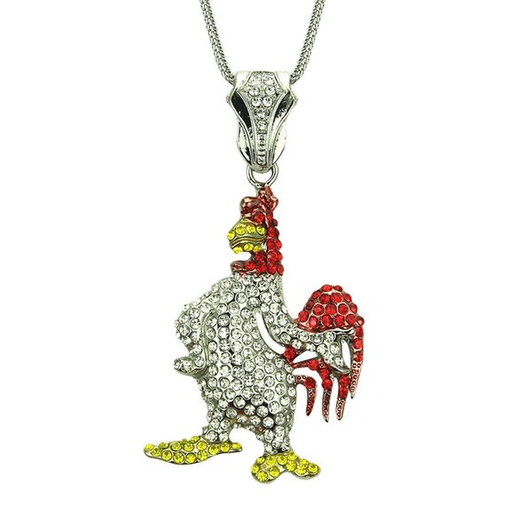 

1pcs crystal chicken pendant necklace men's hip hop crystal jewelry chain necklace punk rock exaggerated gift, Silver