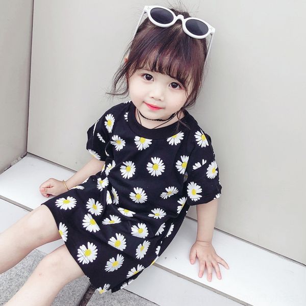 

girlsshort-sleeved dress summer new korean style small and medium-sized children's daisy loose mid-length girlsshort-sleeved dress summ, Black;gray